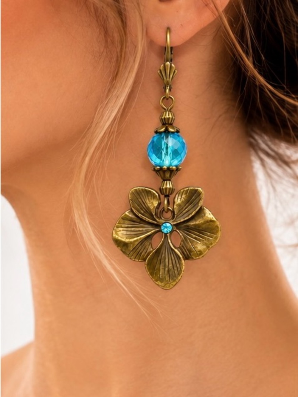 Handmade Blue Czech Glass Faceted Bead, Antique Brass Pansy Earrings - Picture 6 of 11
